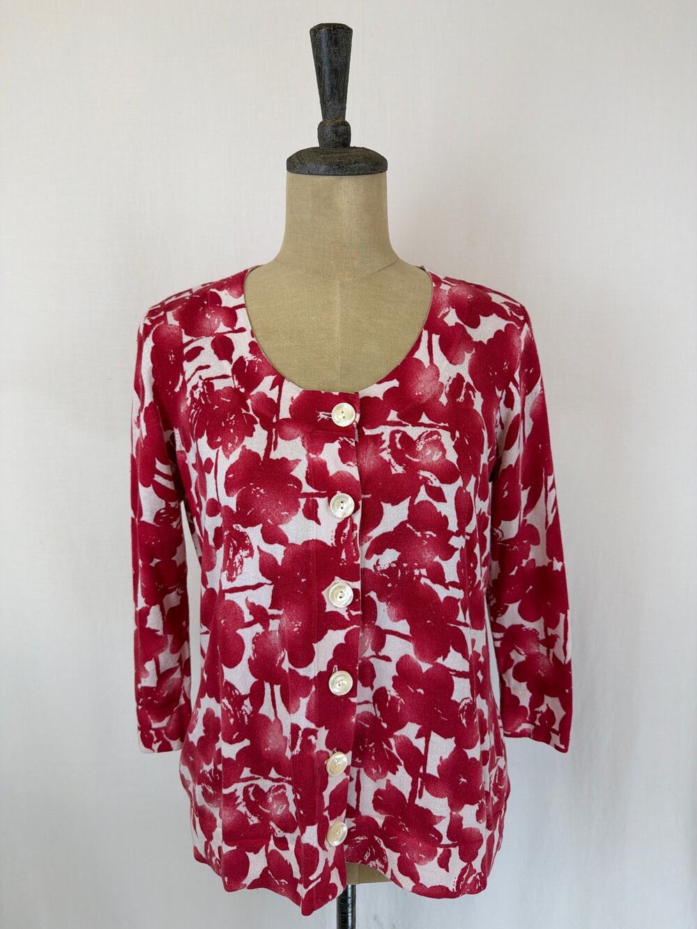 J. Jill White/Red Floral Print Cardigan Medium #0611